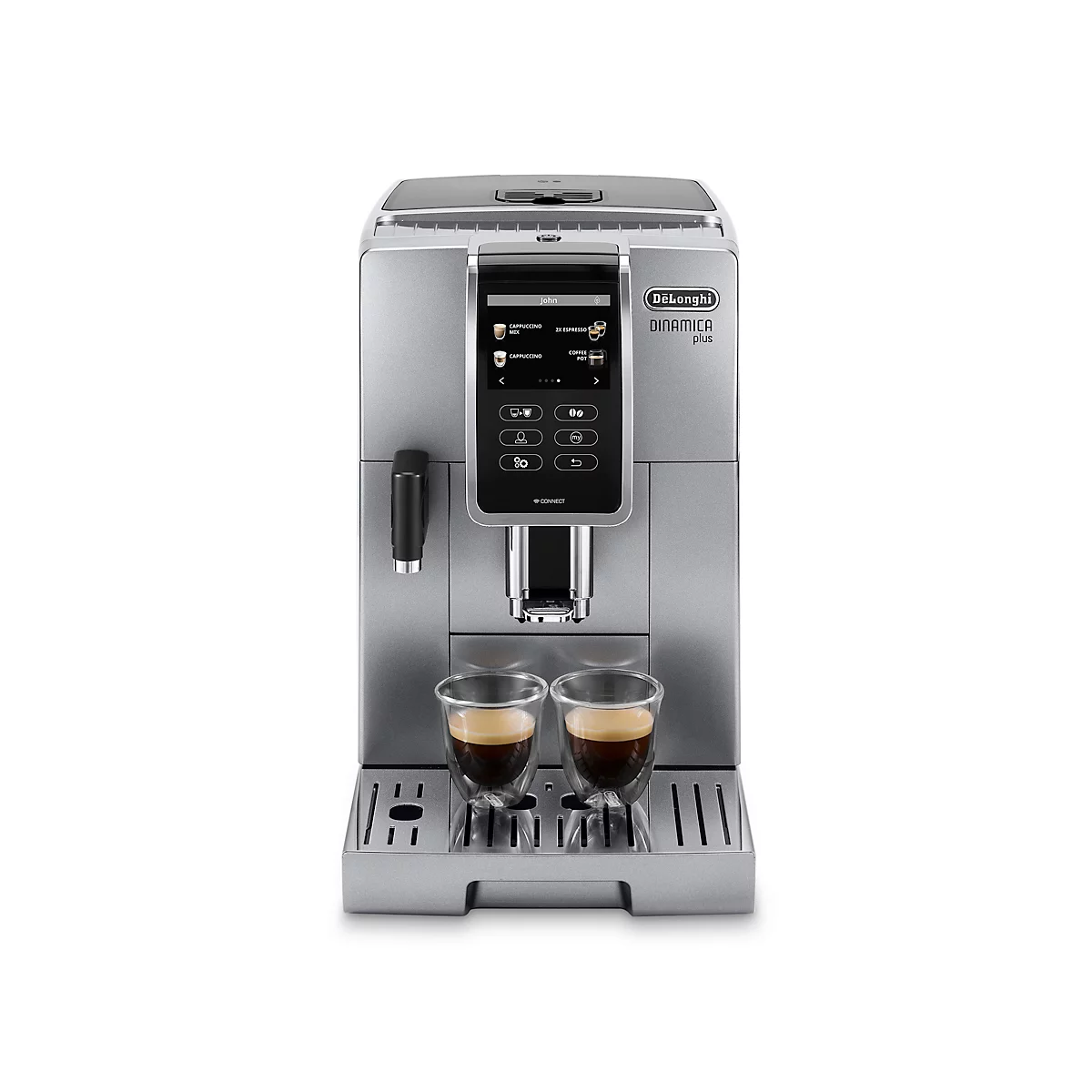 Silberfarbener Kaffeevollautomat mit zwei Espressogläsern. Auf dem Display werden Optionen angezeigt. Unterhalb der Auslässe sind zwei Kaffeegläser.