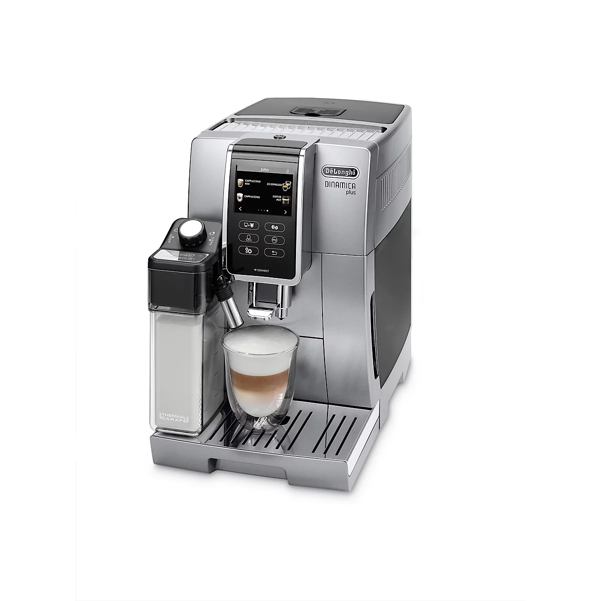 Silberfarbene Kaffeemaschine mit Milchaufschäumer, Latte Macchiato in einem Glas, Touchscreen.