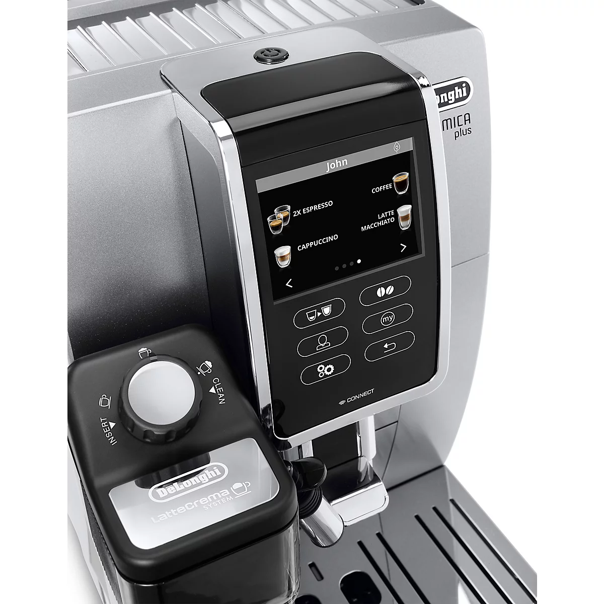 Nahaufnahme einer silbernen DeLonghi Kaffeemaschine mit Touchscreen. Auf dem Bildschirm sind Kaffeespezialitäten wie Espresso, Cappuccino und Latte Macchiato dargestellt.