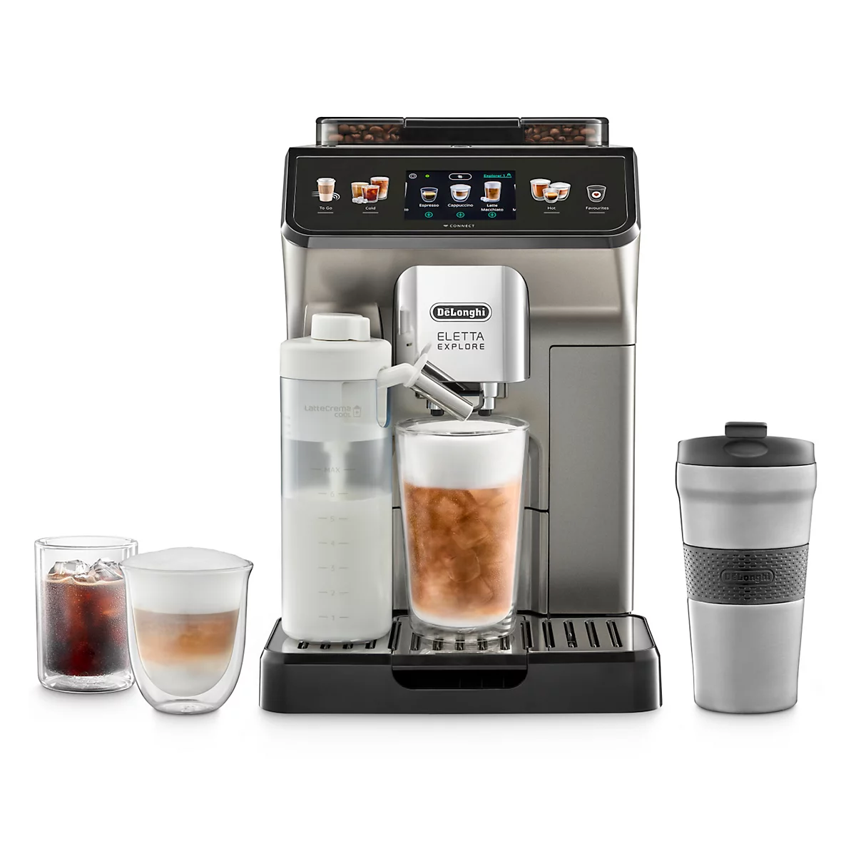 Espressomaschine mit Latte Macchiato, Eis-Kaffee und Kaffeebecher.