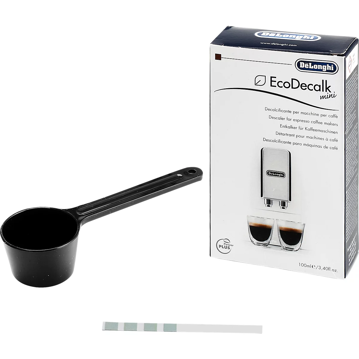 De'Longhi EcoDecalk Mini Entkalker-Verpackung, schwarzer Messlöffel und ein Wasserhärteteststreifen.