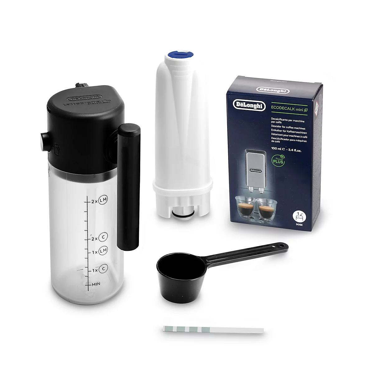 Zubehör für Kaffeemaschine, bestehend aus Wassertank, Filter, Reinigungszubehör und Messlöffel.