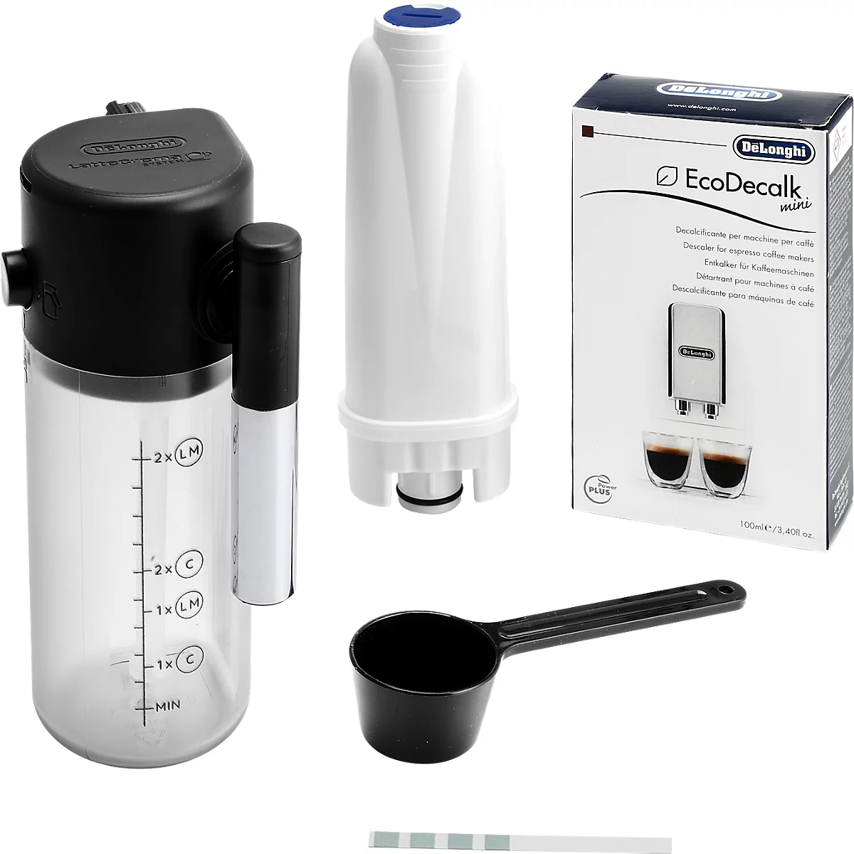 De'Longhi Zubehörset mit Milchbehälter, Wasserfilter, EcoDecalk Entkalker, Kaffeelöffel und Teststreifen.