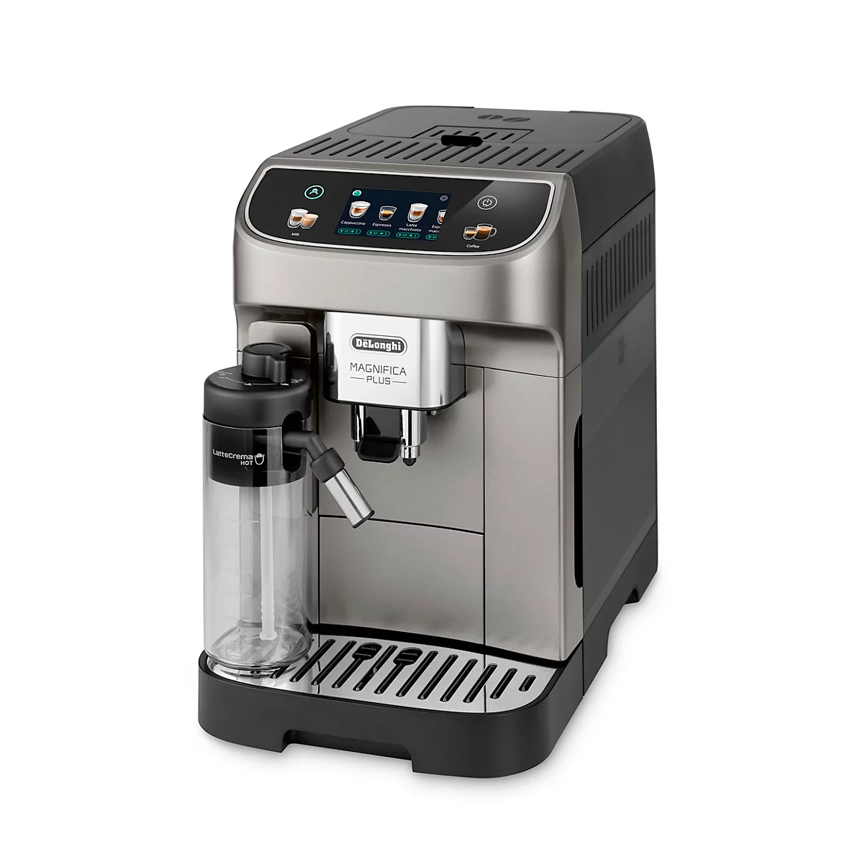 Kaffeemaschine in Silber und Schwarz, Wassertank links, Bedienfeld oben.