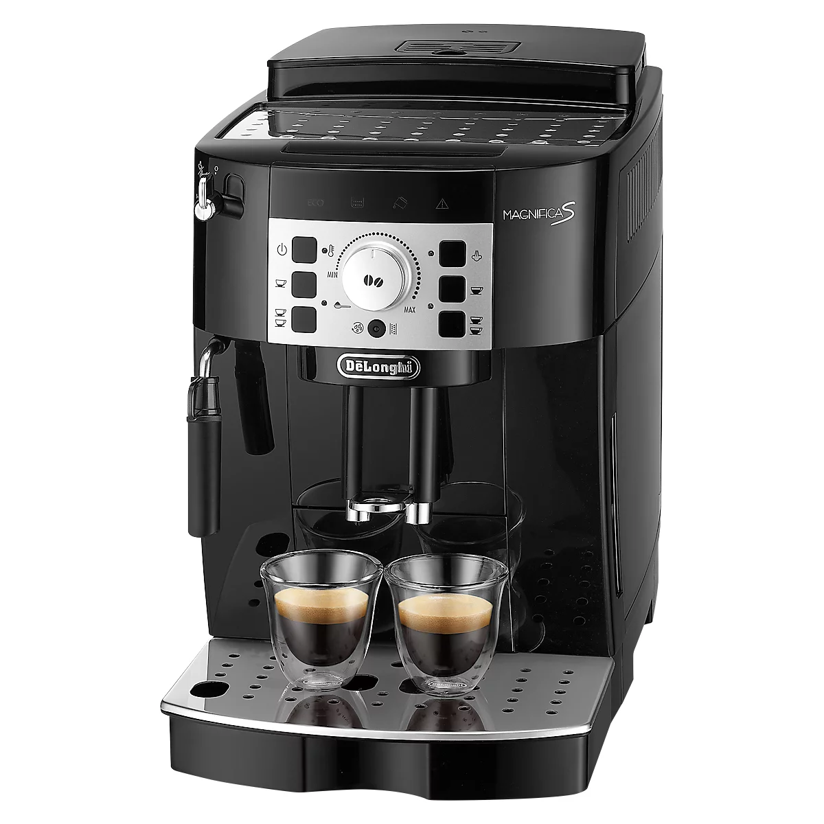 Schwarzer Kaffeevollautomat mit zwei Espresso-Gläsern.