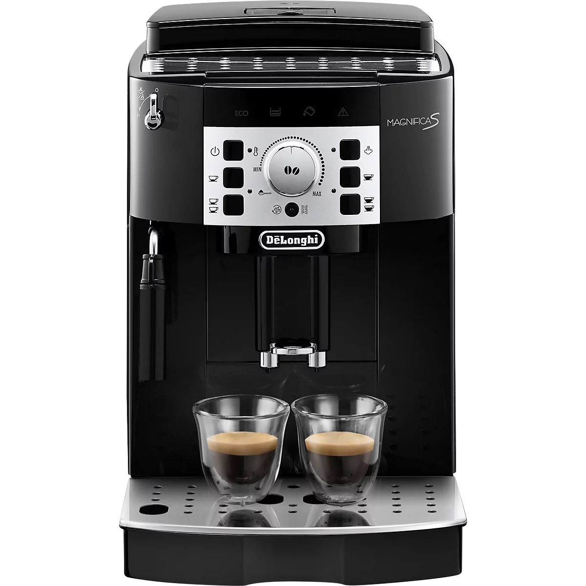 Schwarze Espressomaschine mit zwei Gläsern Kaffee, silbernen Bedienelementen, Marke Delonghi. Aufhellung im Bild.