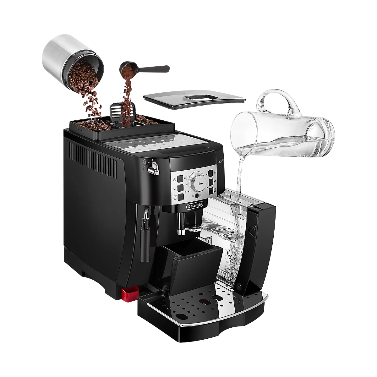 Schwarzer Kaffeevollautomat, Kaffeebohnen werden eingefüllt, Wasser wird eingefüllt.
