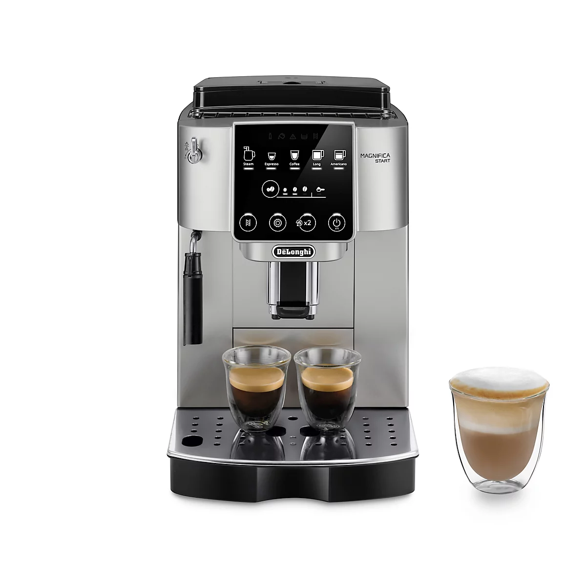 Silberfarbener Kaffeevollautomat mit zwei Espresso-Gläsern und einem Latte Macchiato-Glas. Auf dem Display: Logos und Bedienfelder.