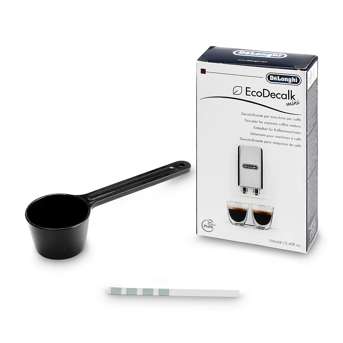 Eine Packung De'Longhi EcoDecalk, ein Messlöffel und ein Teststreifen auf weißem Hintergrund.