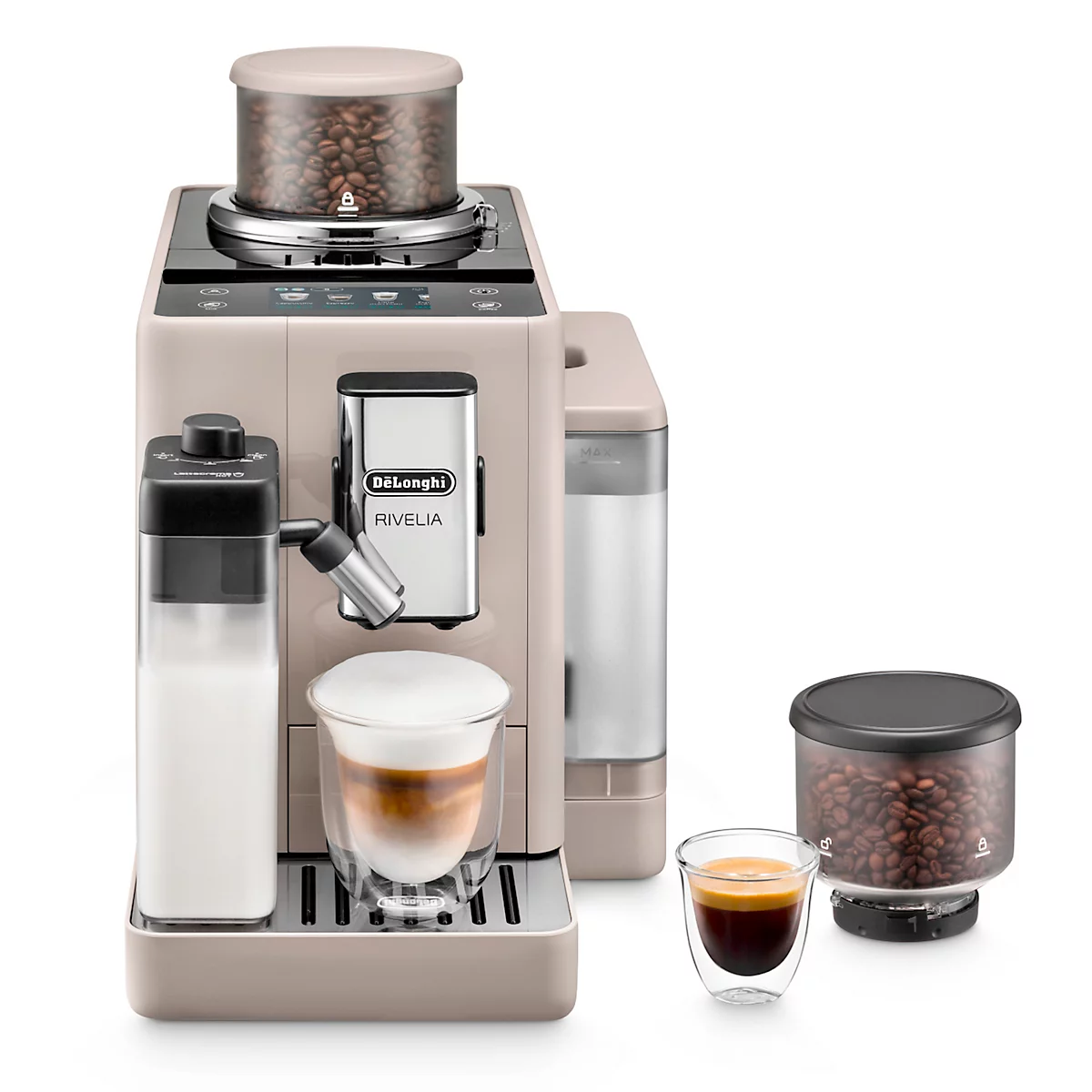 Beige Kaffeemaschine mit Zubehör, Kaffee und Milch, sowie dem Schriftzug De'Longhi Rivelia.