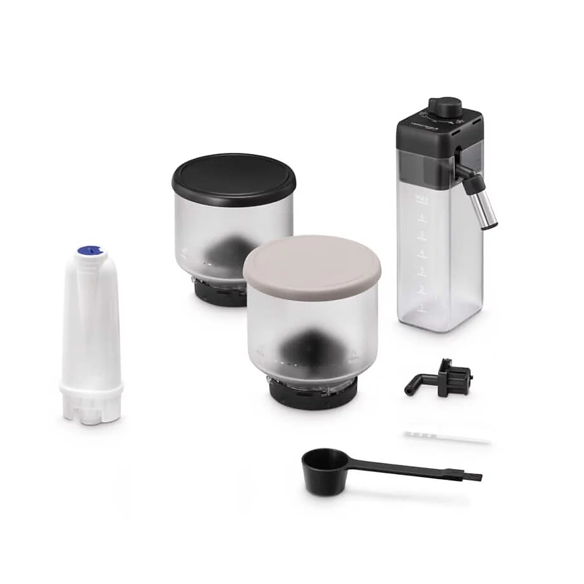 Auf weißem Hintergrund: Kaffeezubehör, Filter, Behälter mit Deckel, Messlöffel.