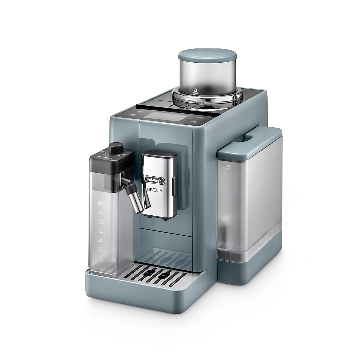 Hellblaue Kaffeemaschine, vorne die Marke DeLonghi, links Wassertank, rechts Wassertank.