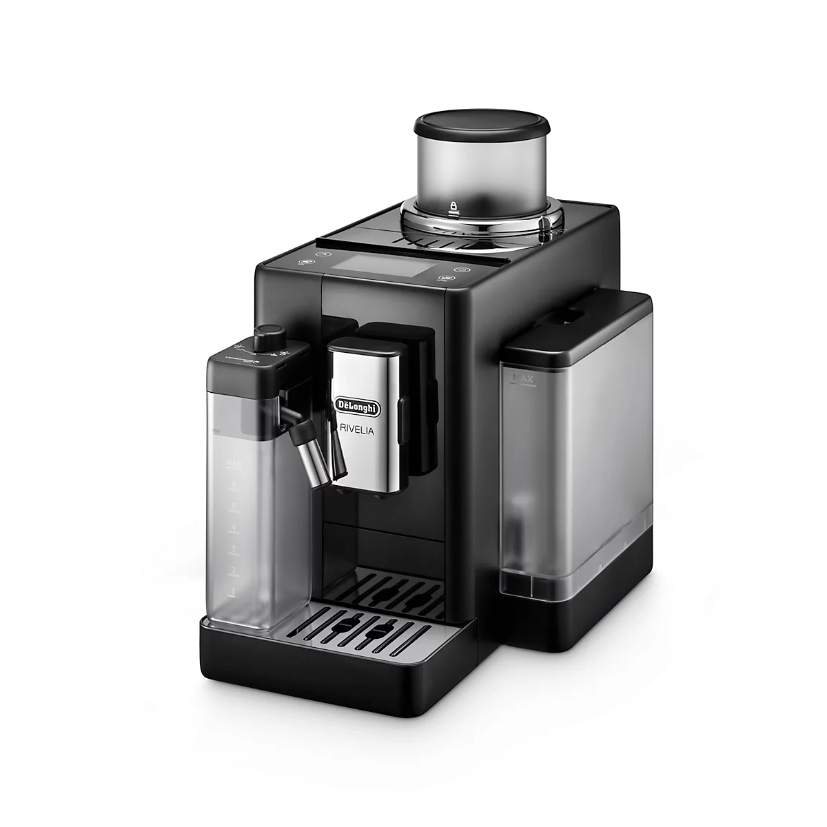 Schwarze Kaffeemaschine mit Wassertank und Milchaufschäumer. Deutlich sichtbares Logo „DeLonghi“.