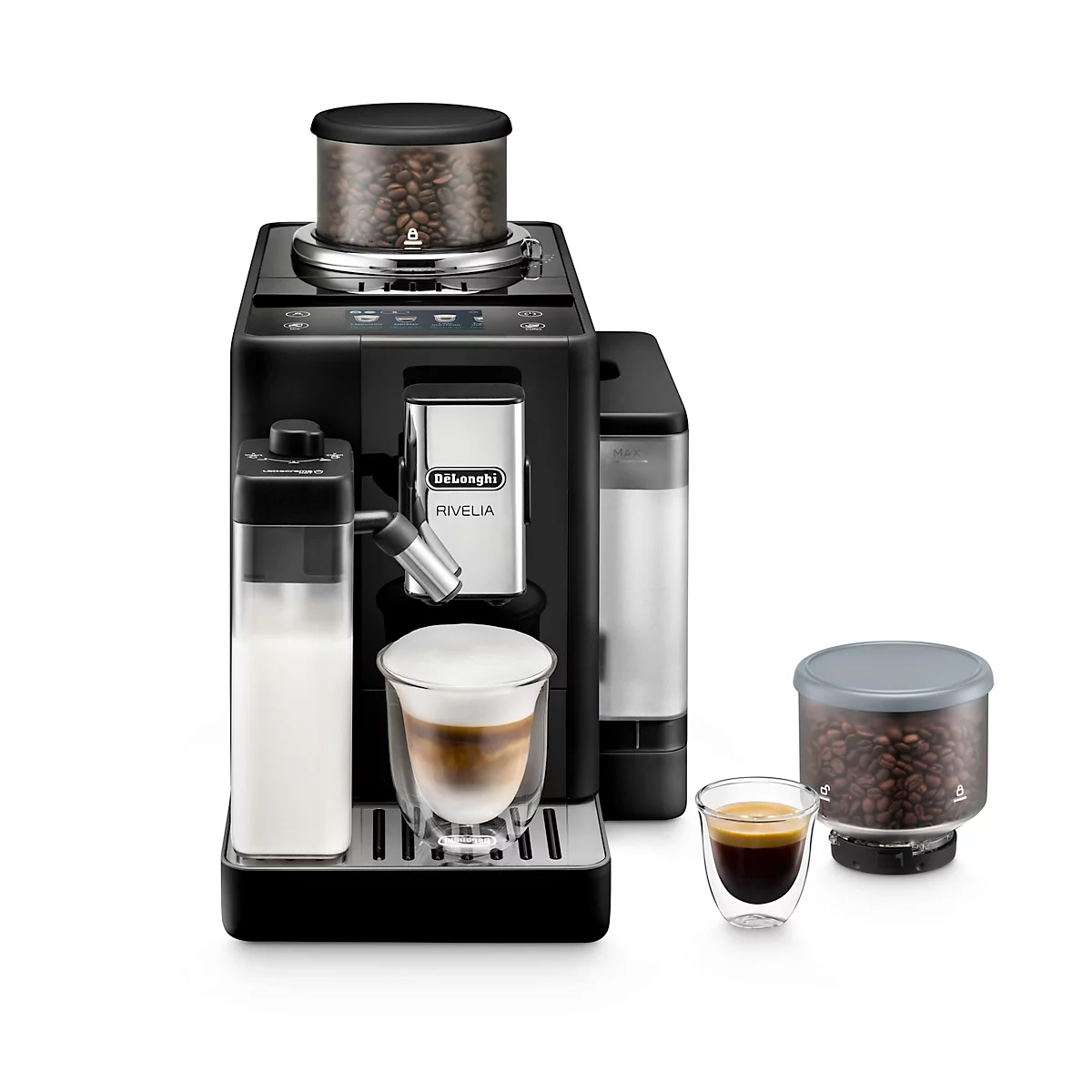 Schwarze Kaffeemaschine mit Milchaufschäumer, Kaffeebohnenbehälter und zwei Gläsern Kaffee.