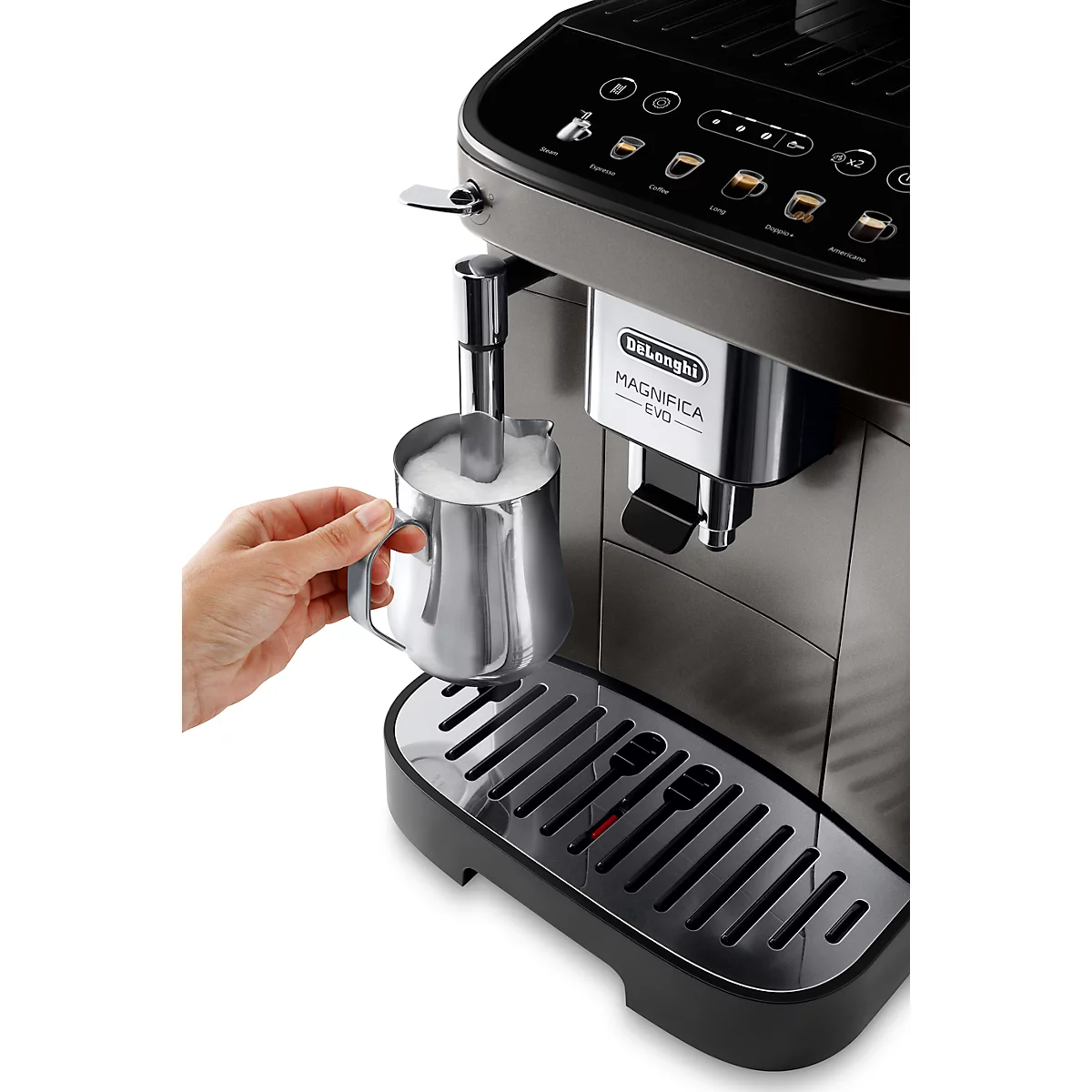 De'Longhi Machine à café automatique Magnifica Evo ECAM290.42.TB, pour grains/poudre, jusqu'à 1,8 l/250 g, 6 touches de sélection directe, mousseur à lait, gris titane-noir