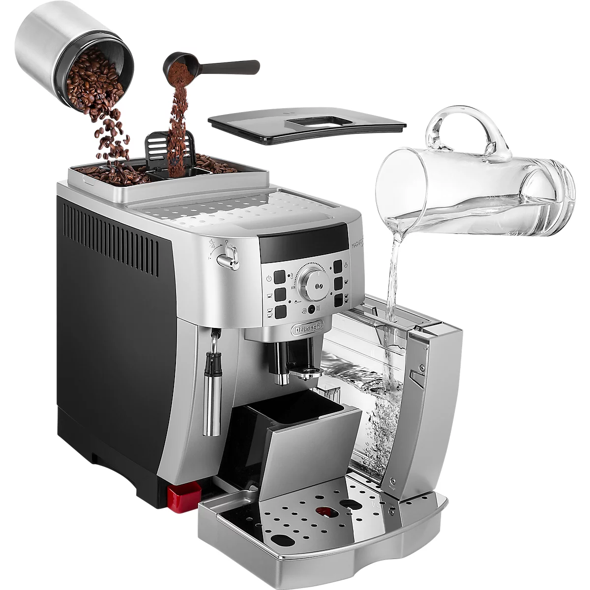 De'Longhi Machine à café automatique Magnifica S ECAM 22.110.SB, pour grains/poudre, jusqu'à 1,8 l/250 g, mousseur à lait, noir-argenté