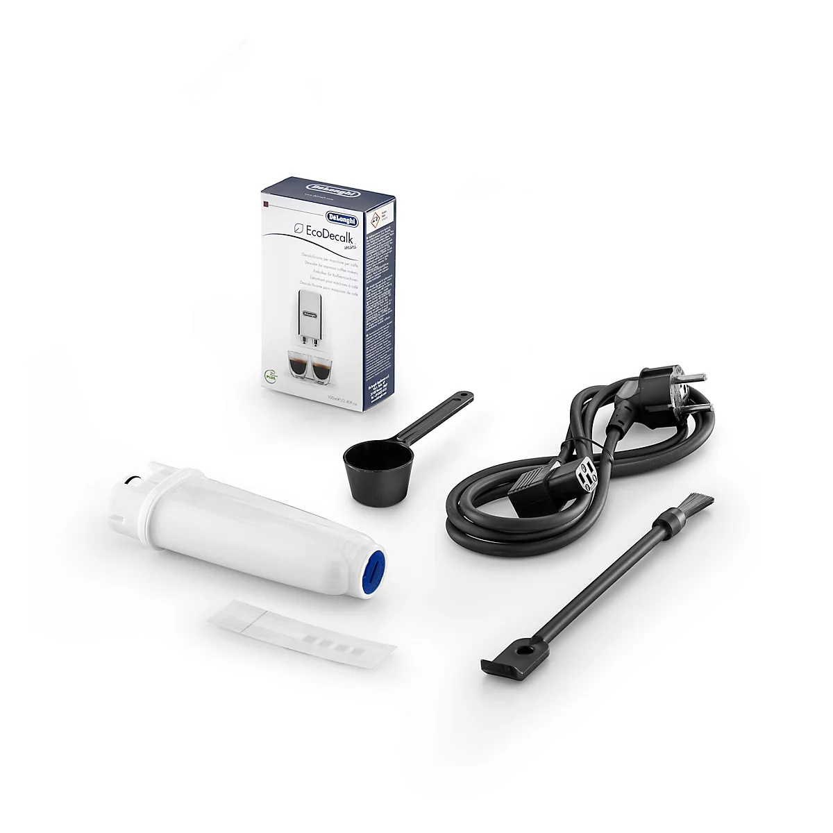 Accessoires voor koffiemachine: filter, maatlepel, netsnoer, reinigingsgereedschap, verpakking.