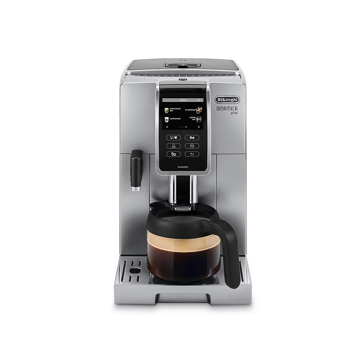 Zilveren koffiemachine met zwart bedieningspaneel en koffiepot. Opschrift "Delonghi Dinamica Plus".