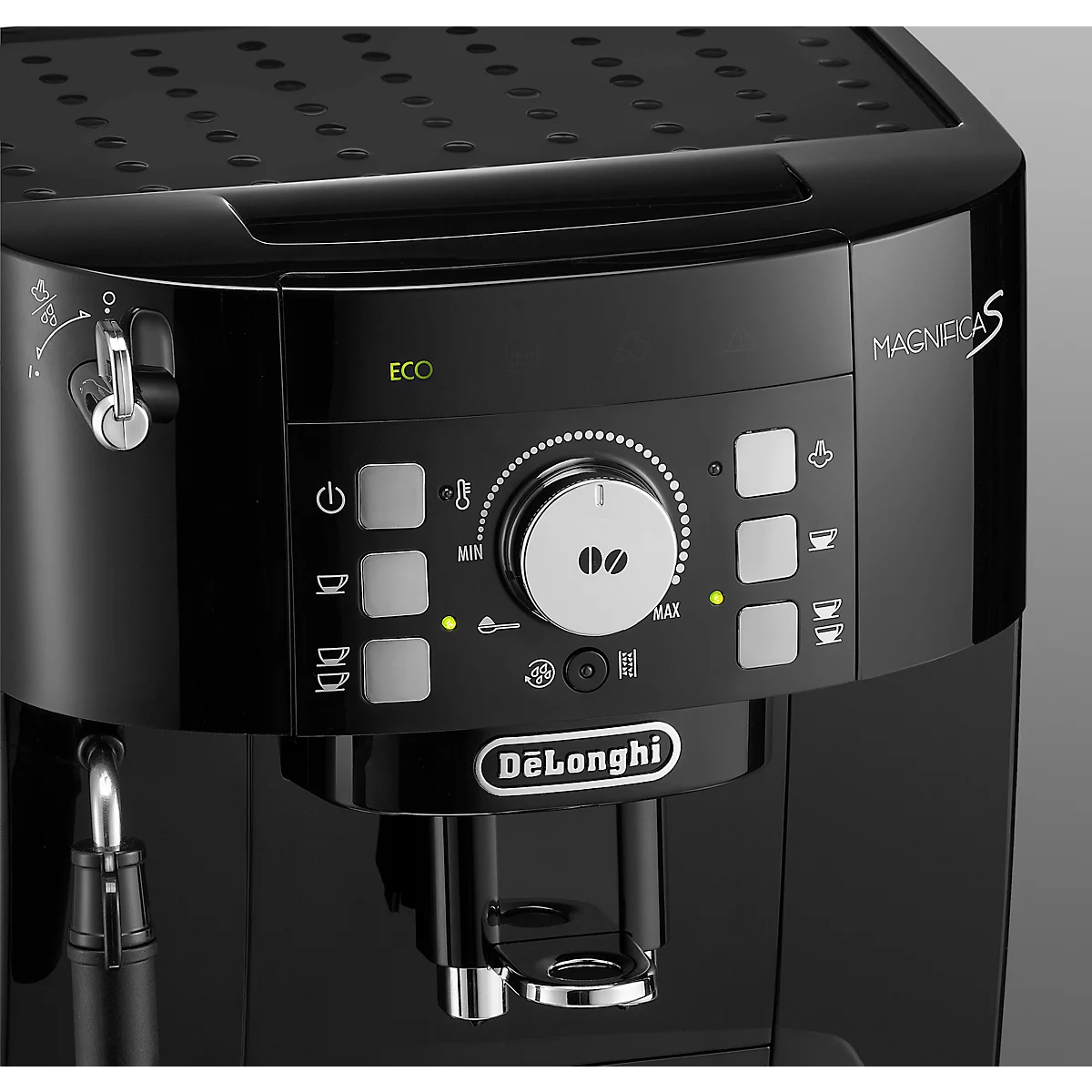 Close-up van een zwarte De'Longhi koffiemachine met knoppen, een draaiknop en de tekst "Magnifica S".