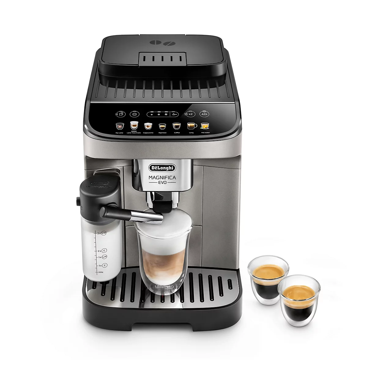 Zilveren koffiemachine met melkopschuimer en twee espressokopjes.