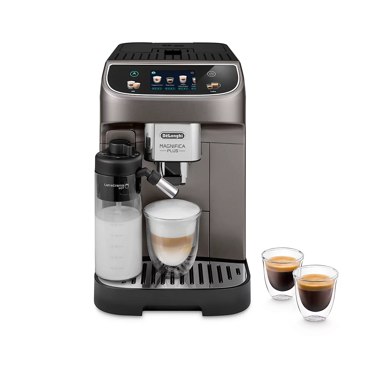 Grijze koffiemachine met melkopschuimer en twee glazen espresso.