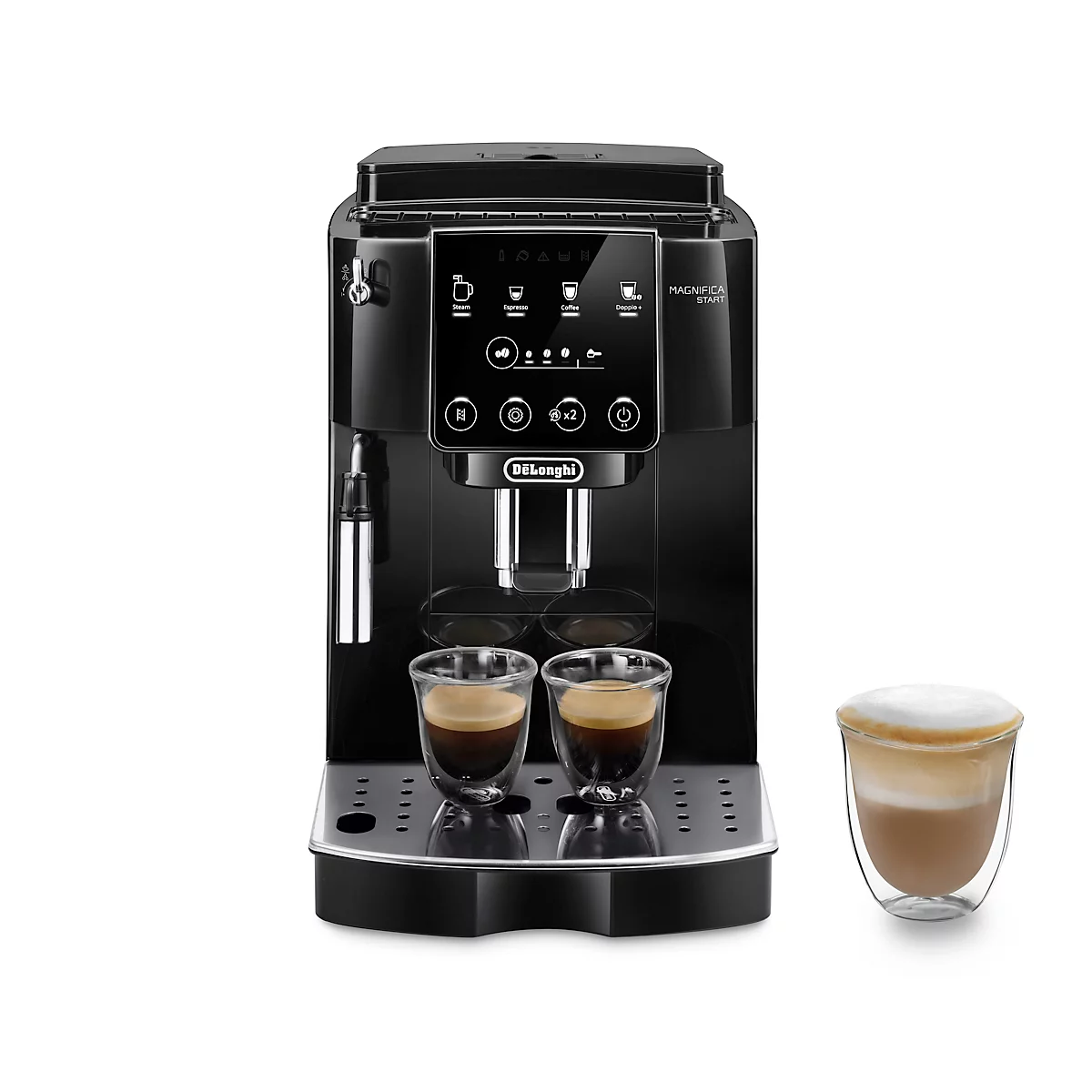 Zwarte koffiemachine met espressoglazen en cappuccinoglas. Bedieningspaneel en logo herkenbaar.