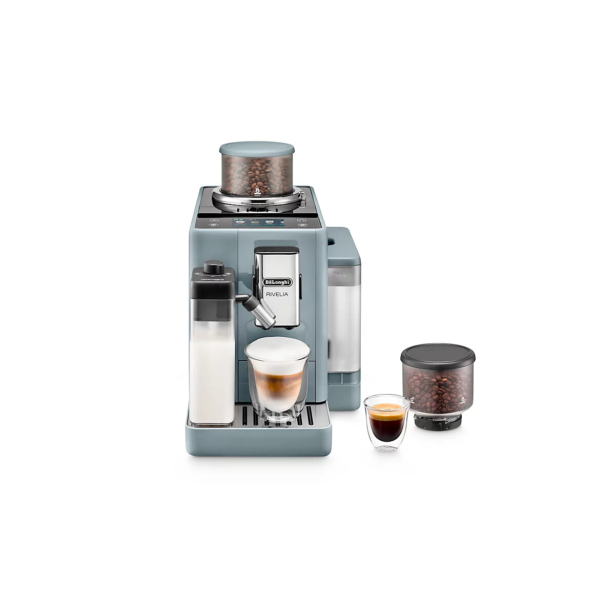 Blauw-grijze De'Longhi koffiemachine met melkcontainer, koffiebonencontainer en espressokopje.