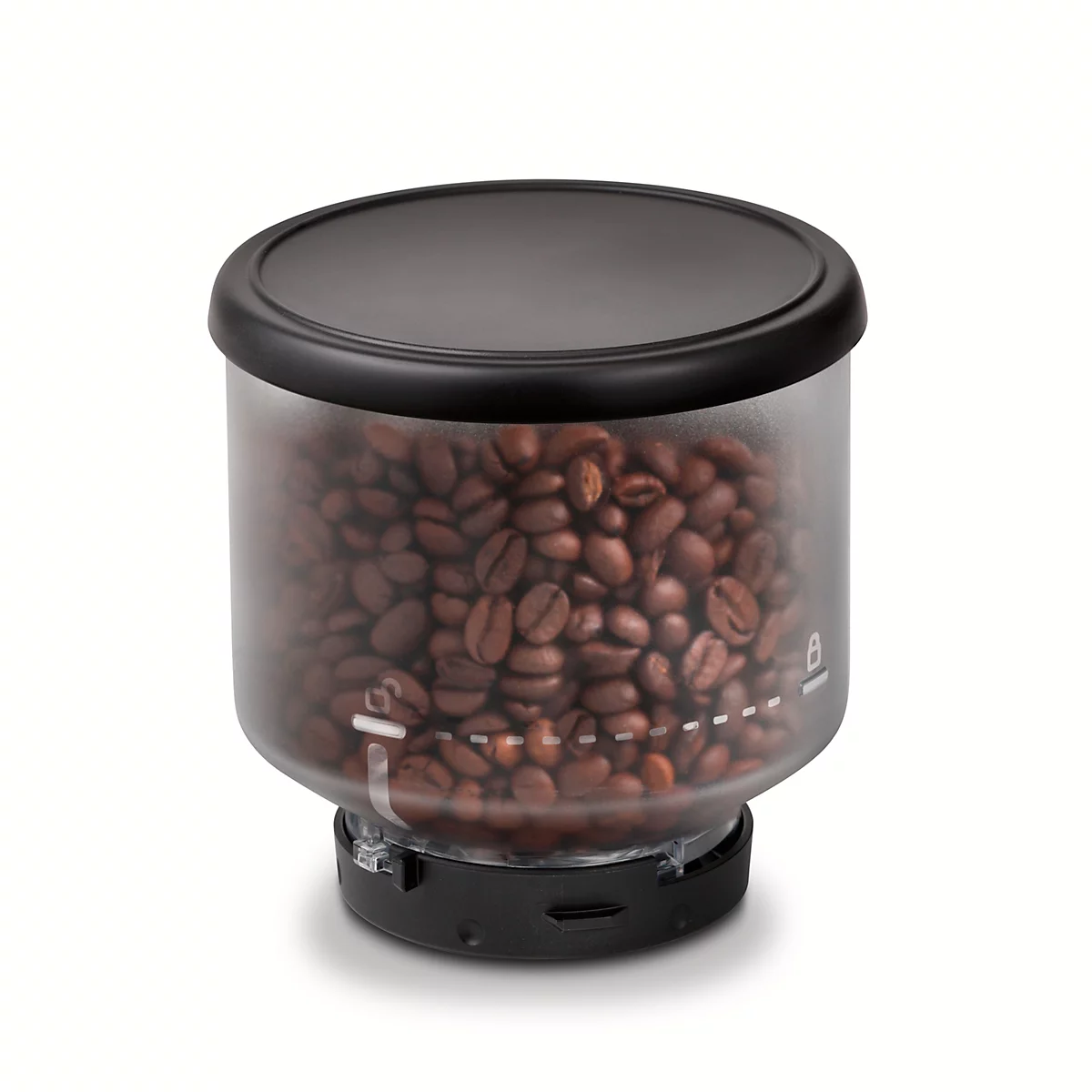 Koffiebonen in een zwarte bak. De transparante bak is gevuld met bonen. Zwarte deksel. Er zijn markeringen op de bak aangebracht.