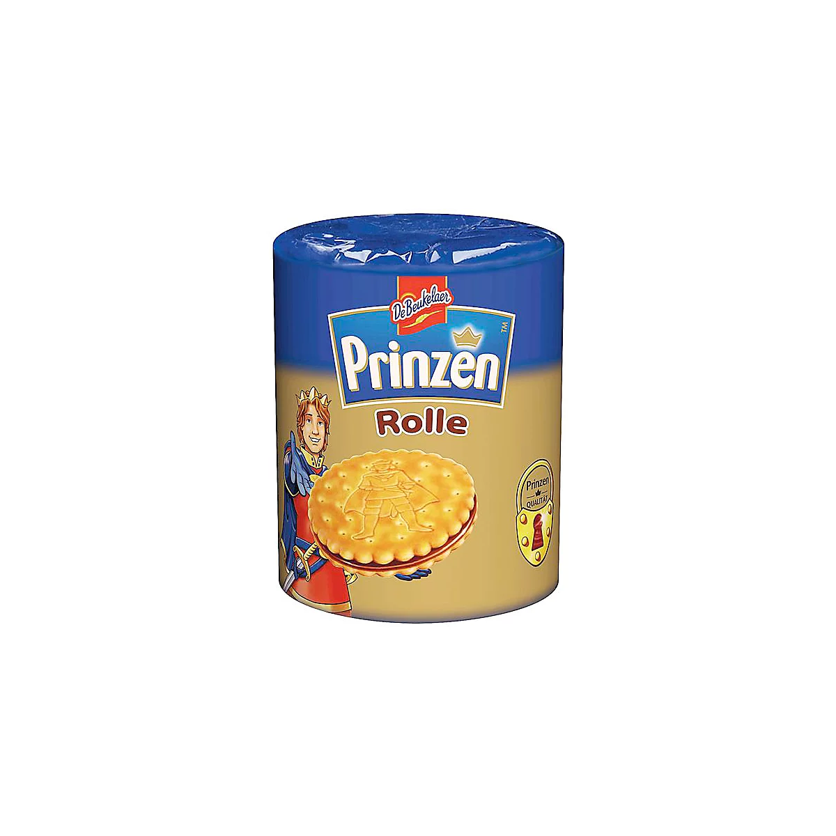 Blaue und goldene Verpackungsrolle der Prinzen Rolle Kekse mit einem abgebildeten Prinzen und einem Doppelkeks.