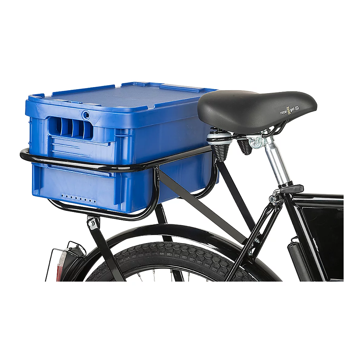 Blauer Transportbehälter auf dem schwarzen Gepäckträger eines Fahrrades.