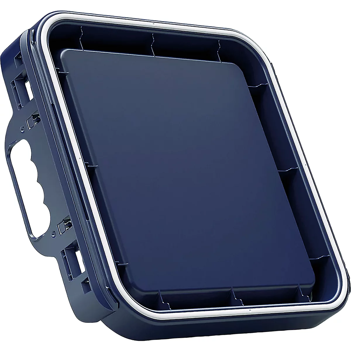 Dunkelblaue, quadratische Aufbewahrungsbox mit weißem Rand und Griff. Deckel leicht geöffnet.