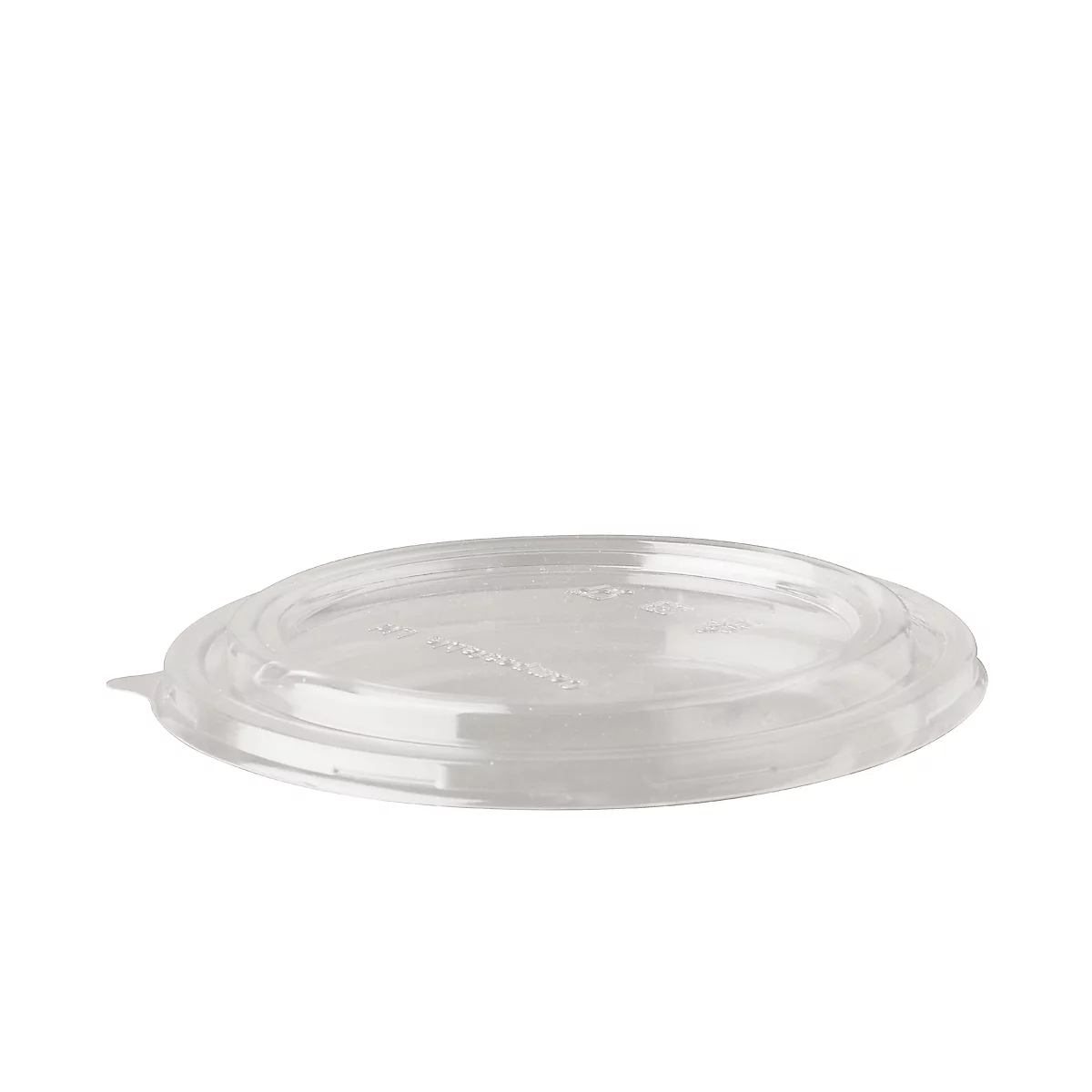 Transparenter Kunststoffdeckel. Der Deckel hat eine runde Form und eine leicht erhöhte, umlaufende Kante.