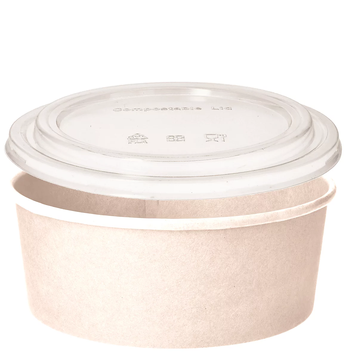 Becher mit transparentem Deckel, vor weißem Hintergrund. Auf dem Deckel steht "Compostable lid".