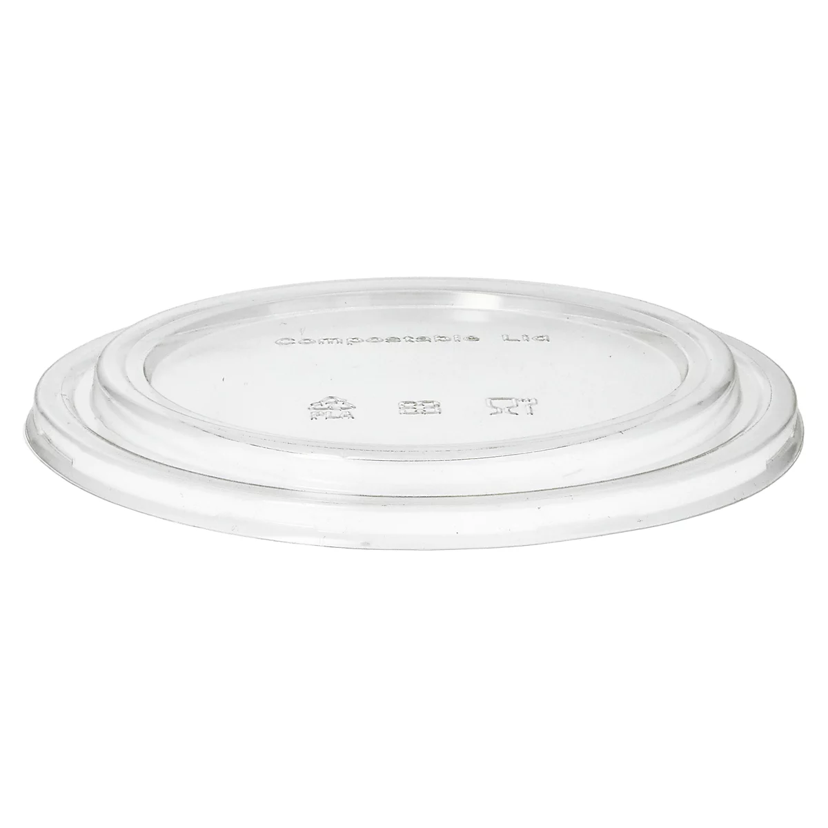 Transparenter Deckel. Oben steht 'COMPOSATABLE LID'.