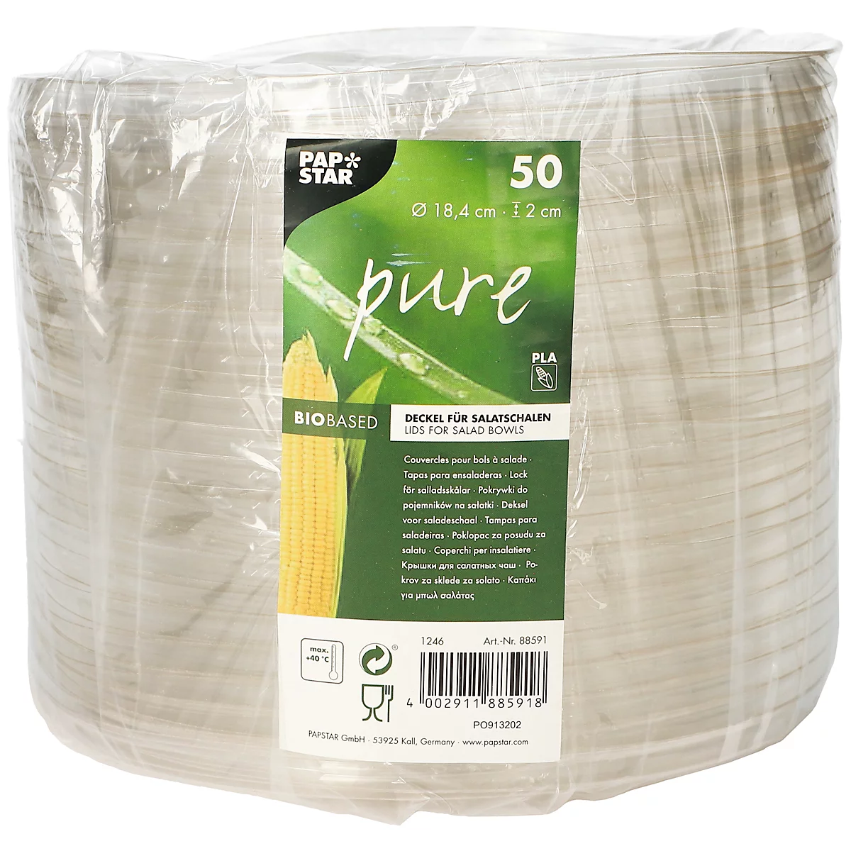 Eine Packung mit 50 Deckeln für Salatschalen, in Folie verpackt. Auf dem Etikett steht "pure BIOBASED".