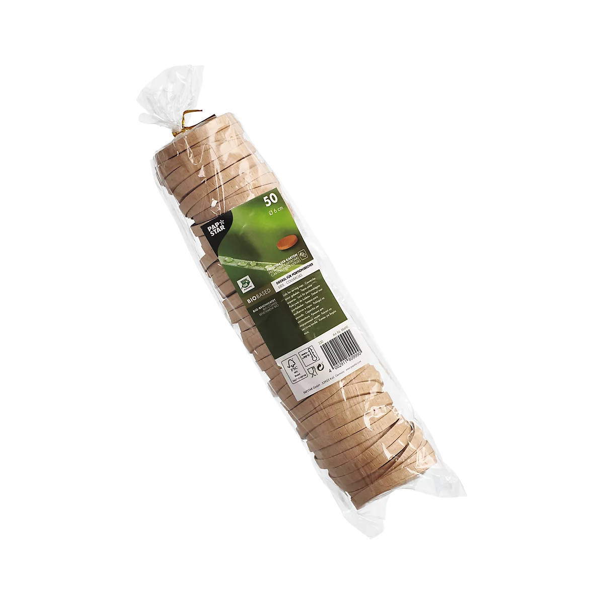 Aufgerollte Papierschnur in Folie verpackt, mit Etikett.