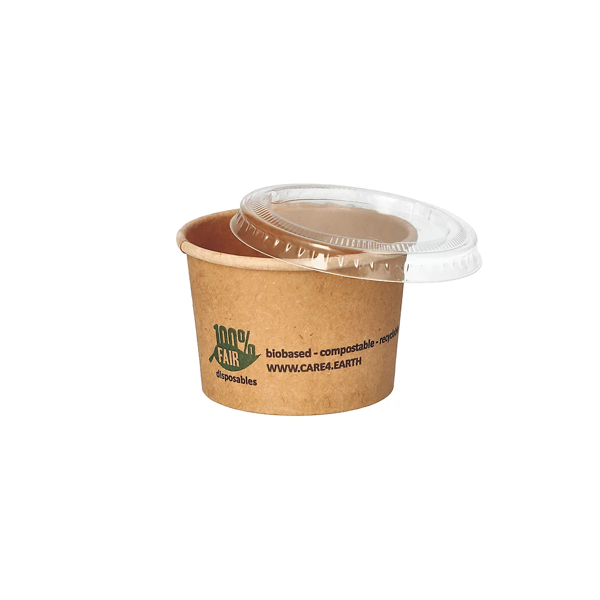 Braune Pappschale mit Deckel, Logo und Text: biobased, kompostierbar, WWW.CARE4EARTH.