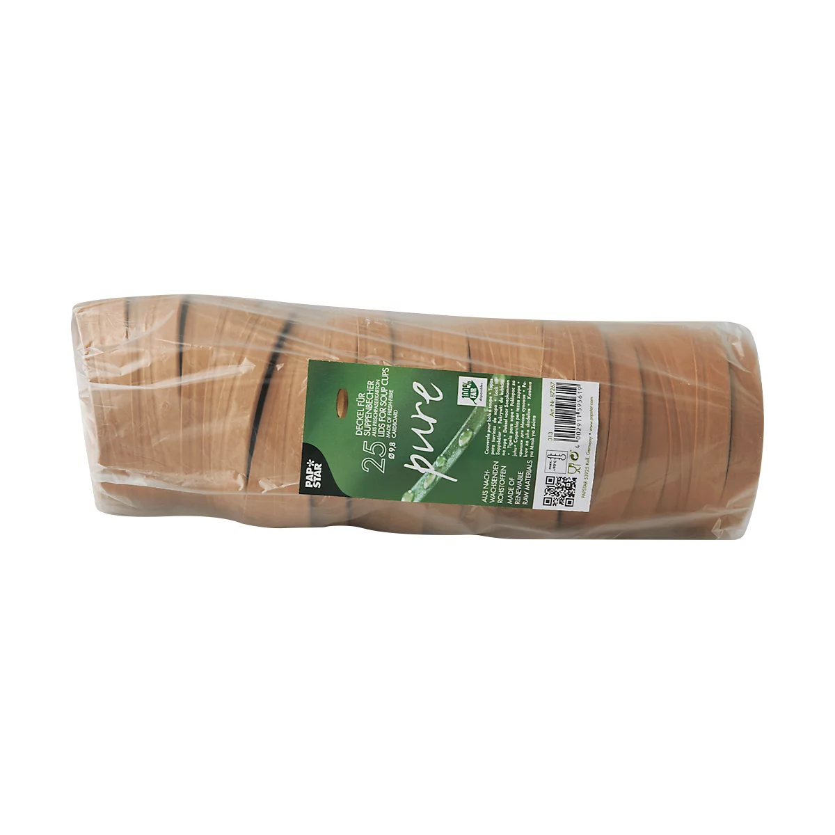 Eine Rolle mit braunen Pappbechern in Plastikfolie verpackt. Ein Etikett mit grünem Hintergrund zeigt Produktinformationen.