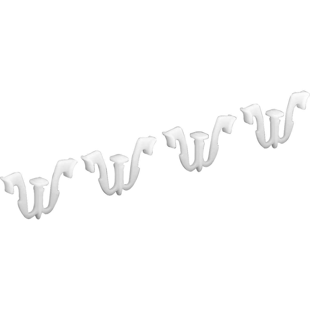 Vier weiße, dekorative Haken, die wie verschlungene Buchstaben aussehen, auf weißem Hintergrund.