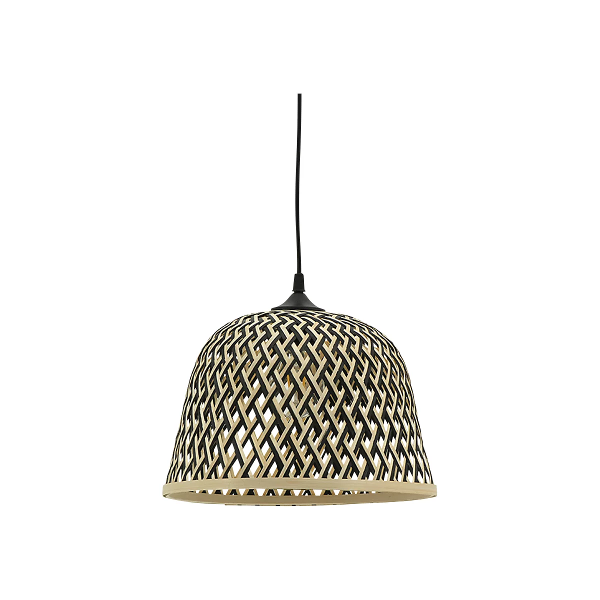 Hängelampe mit gewebtem Lampenschirm. Schwarz-Beige-Muster, schwarzes Kabel und Halterung.