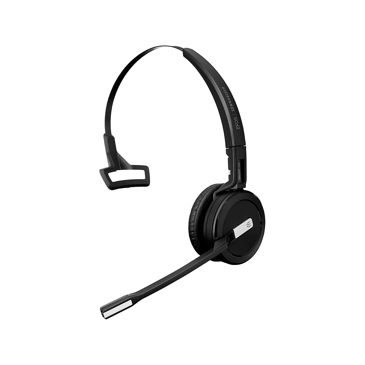 Black headset with microphone and headband, reads "EPOS Sennheiser".