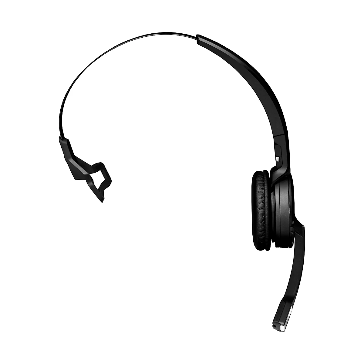 Black headset with microphone and headband. The earpiece rests on the ear, the microphone points downwards.