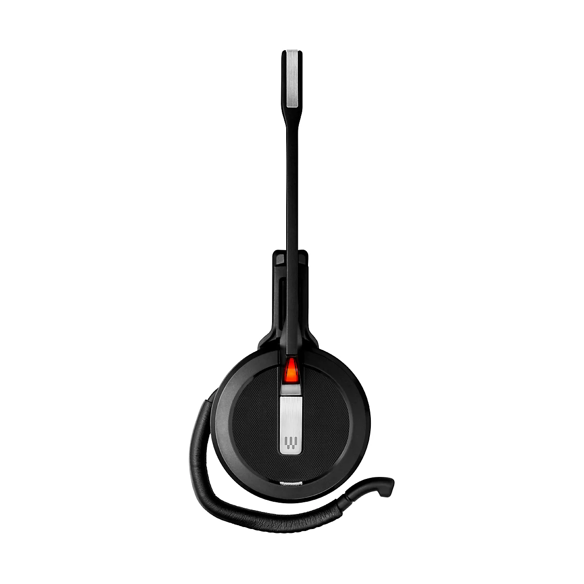 Black headset with microphone. Above the round housing, a microphone arm with a light extends.