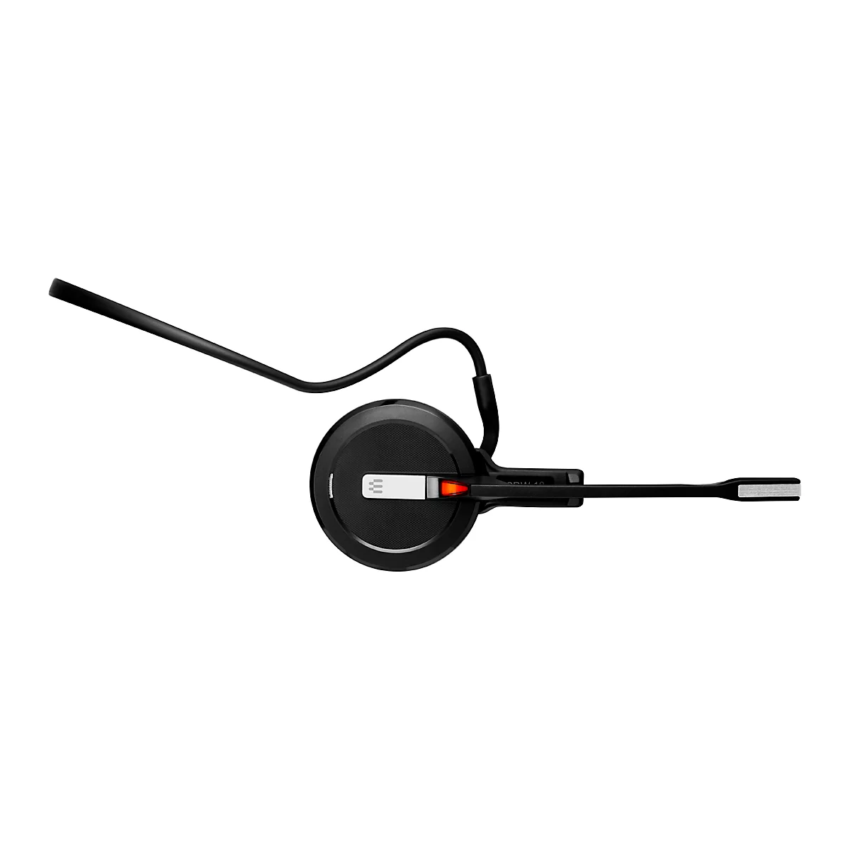 A black headset worn on one ear. A microphone is attached at the end of a boom.