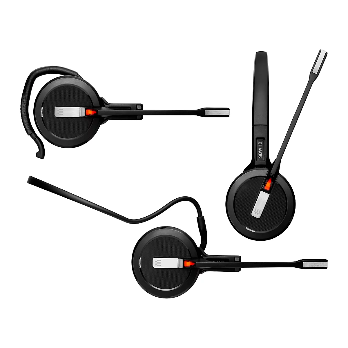 Three views of a black headset. Round housing, microphone arm, "SDW 10" lettering, red accents.