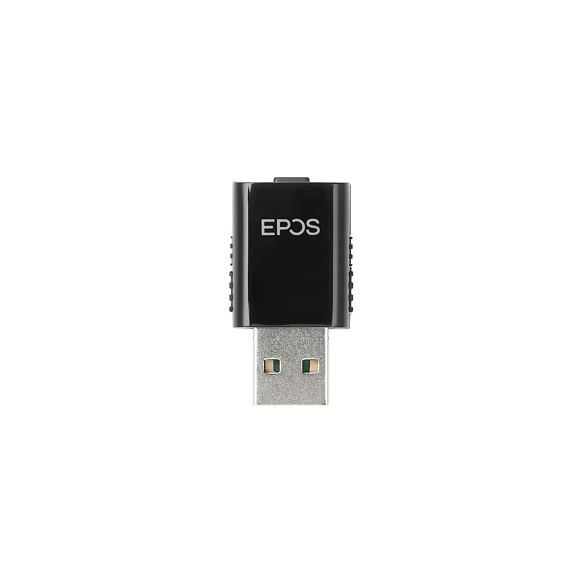 Black USB dongle with white EPOS logo, with USB connector.