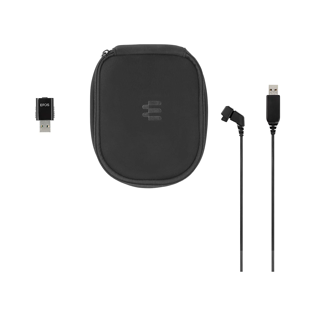 Black headset accessory kit with case, cables, and USB adapter. The case has a logo.