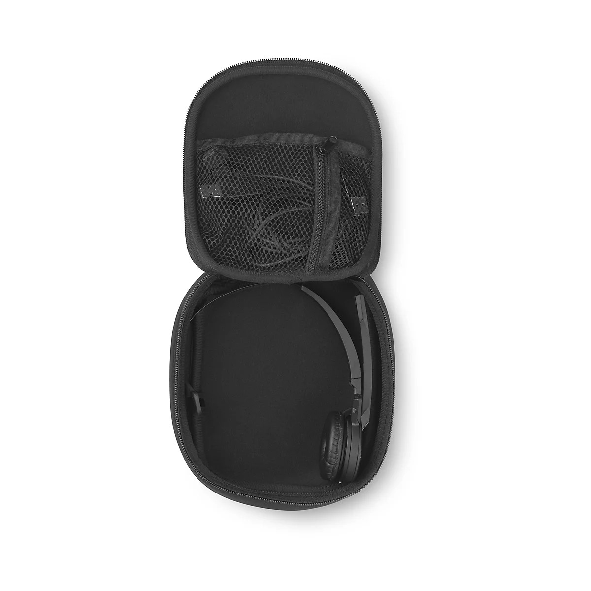 Black headset in an open, black case with mesh pocket for cables. The case is on a white background.