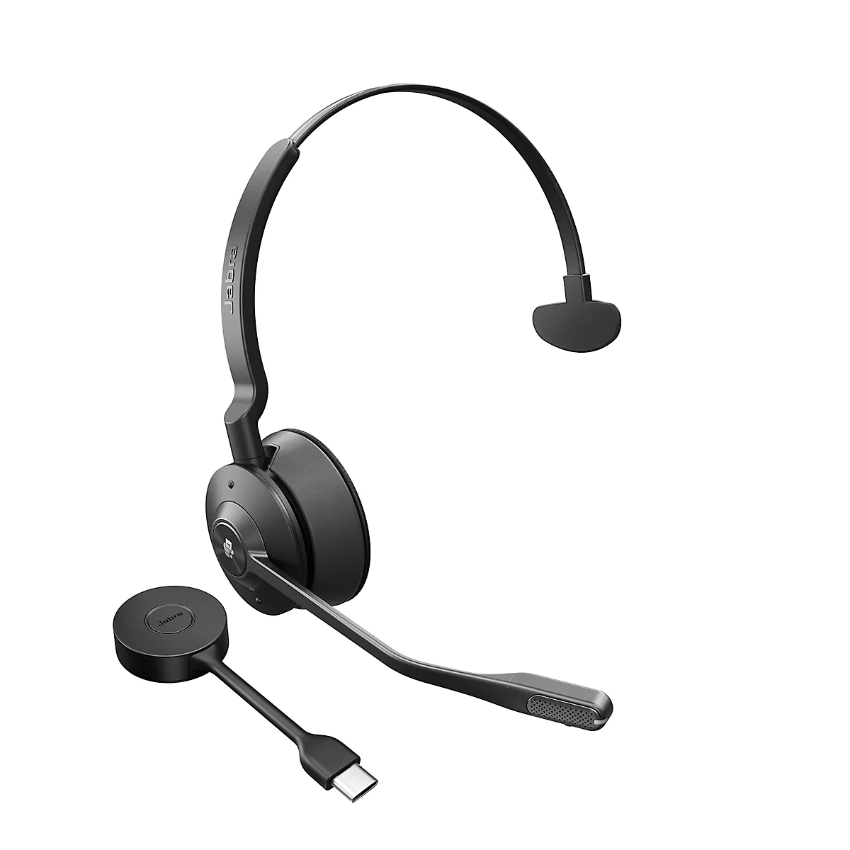Black headset with microphone and USB-C connector. It rests on a white background.