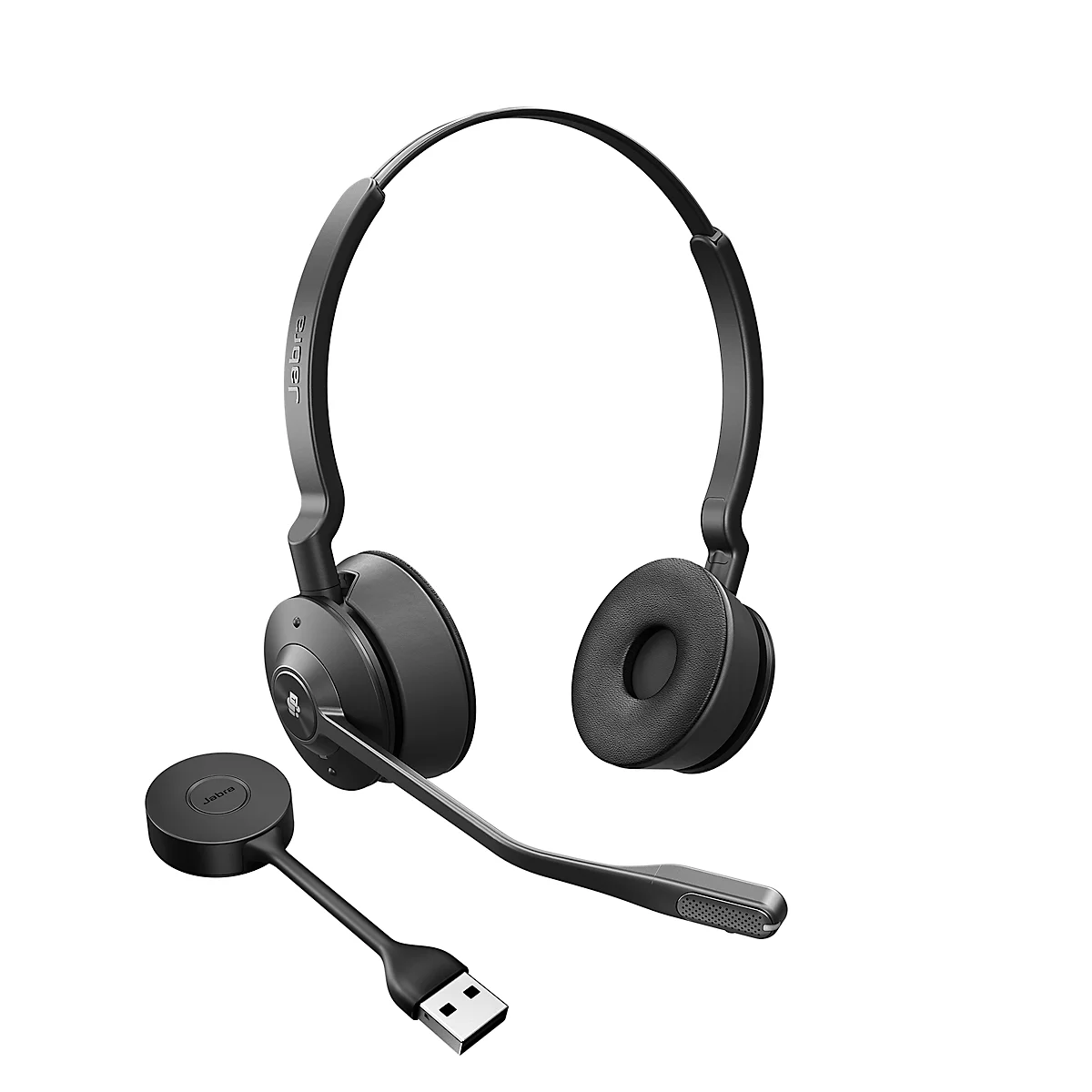 Black headset with microphone and USB connector. Round earcups, adjustable headband.